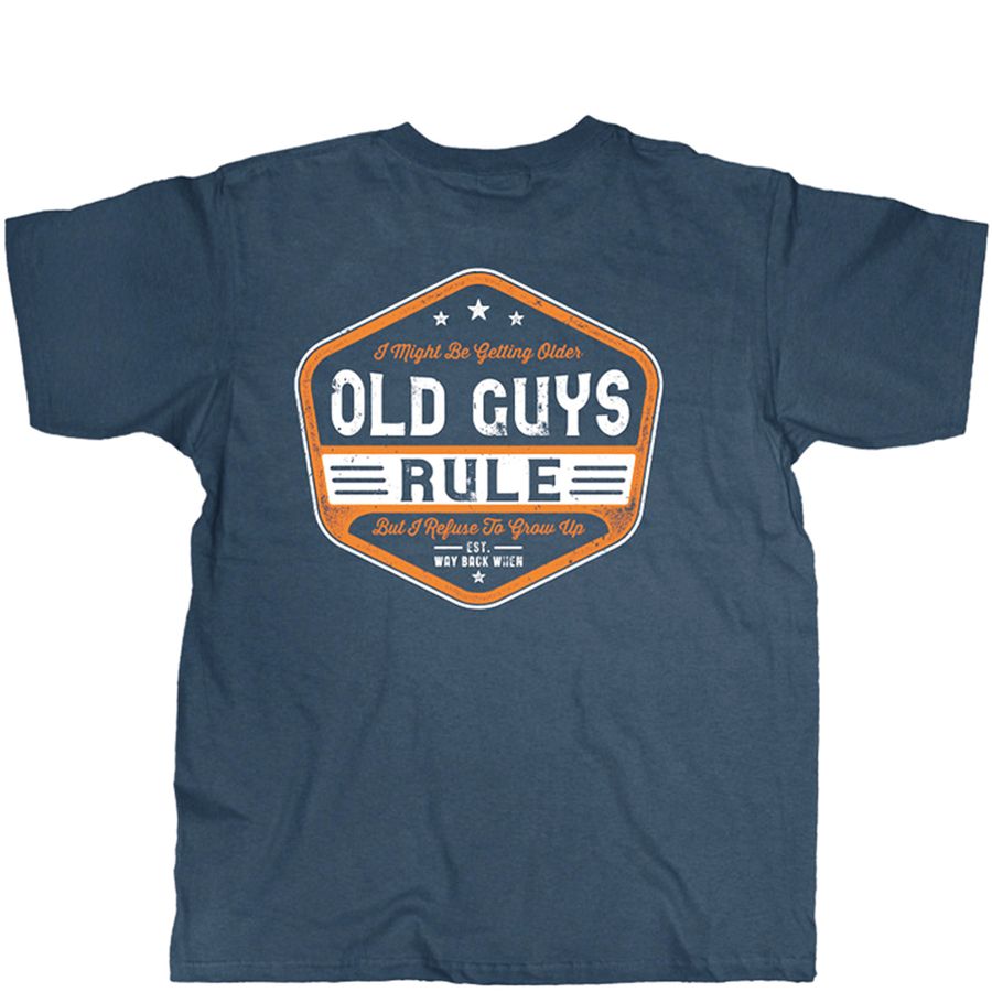 Blue t-shirt with 'Old Guys Rule' graphic on a white background