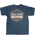 Blue t-shirt with 'Old Guys Rule' graphic on a white background