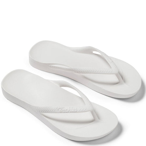White flip-flops with a brand logo on a white background