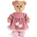 Teddy bear wearing a pink dress with pom-poms on a white background