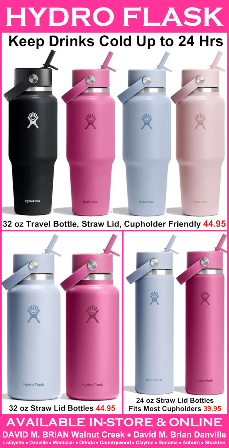 Hydro Flask water bottles in various colors with promotional text on a white background