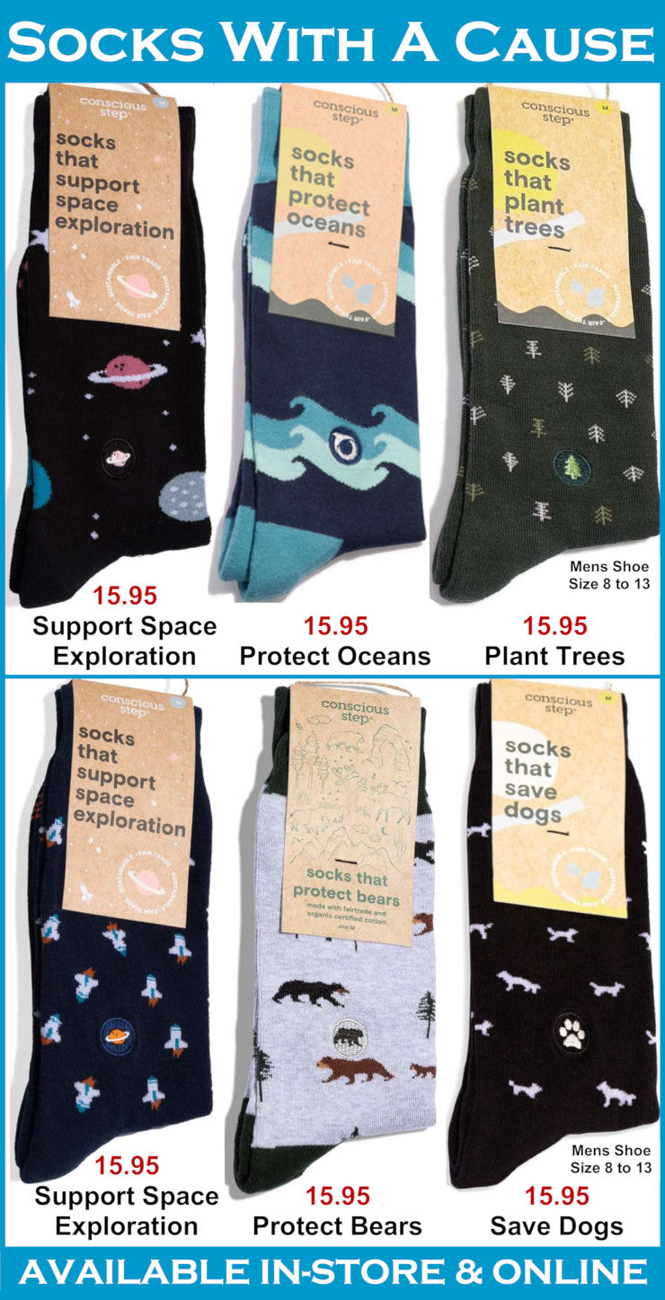 Collection of socks with various designs and messages, each priced at $15.95, displayed on a white background.