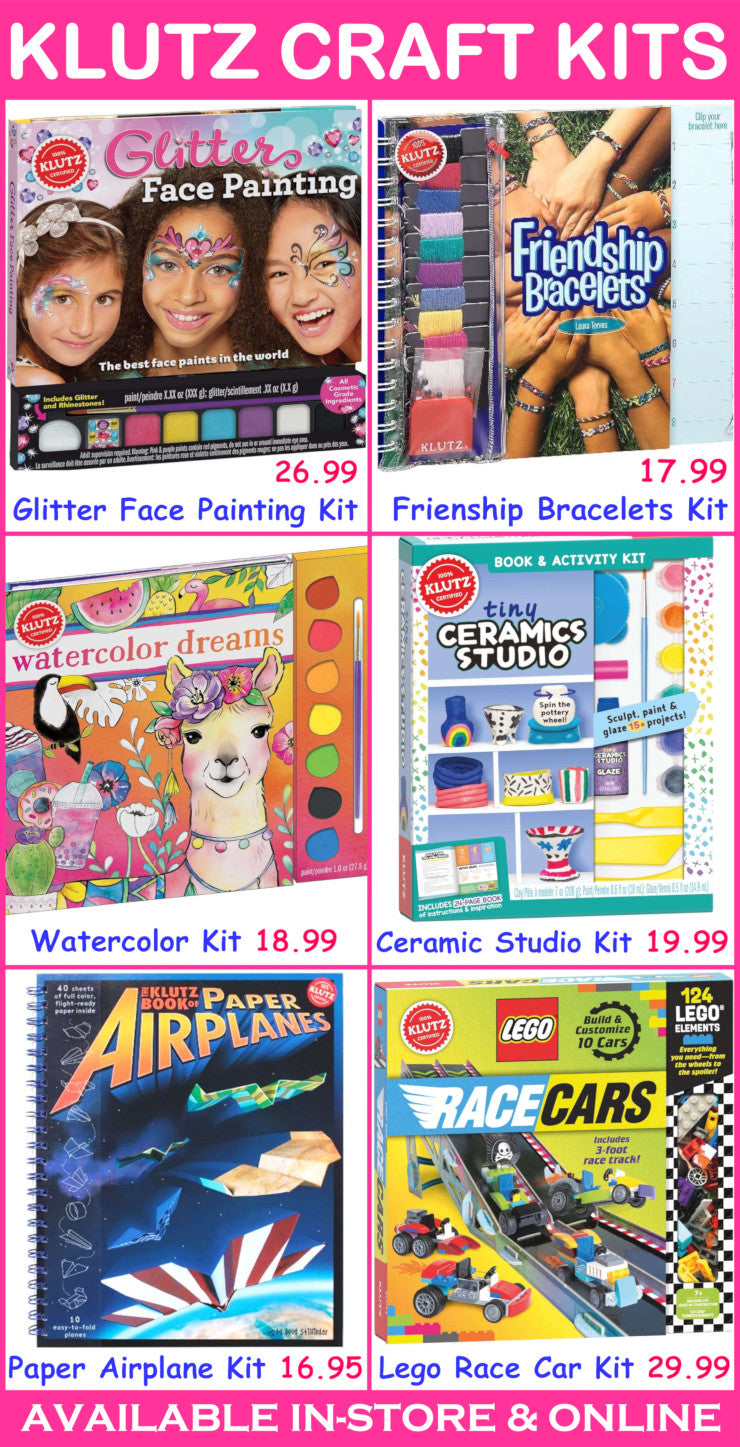 Collage of Klutz craft kits with product names and prices.