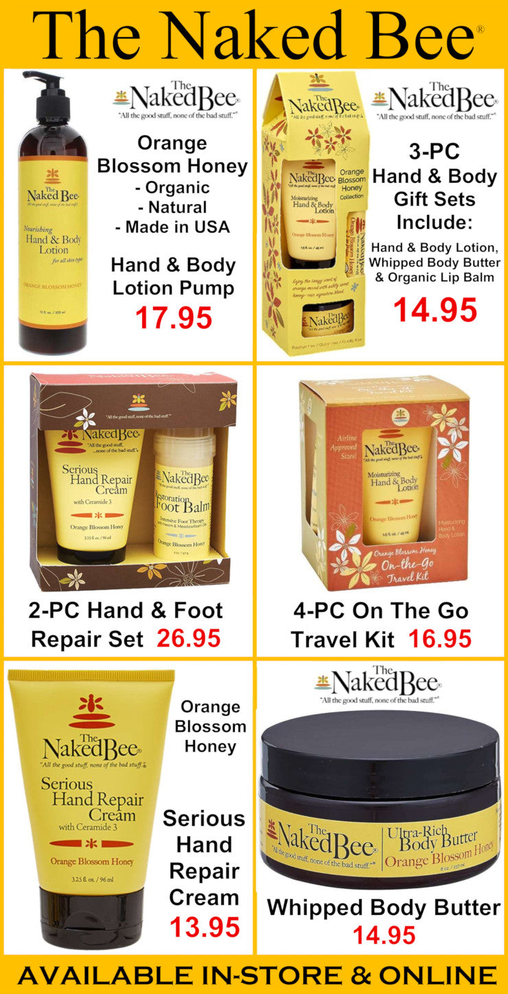 Promotional display of The Naked Bee skincare products with pricing and product names.