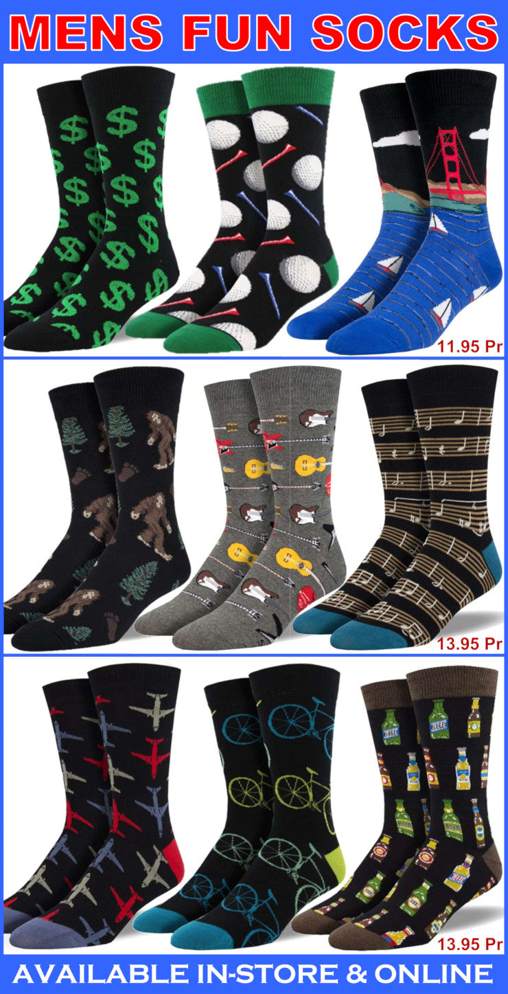 Collection of men's fun socks with various patterns and designs, displayed against a white background.