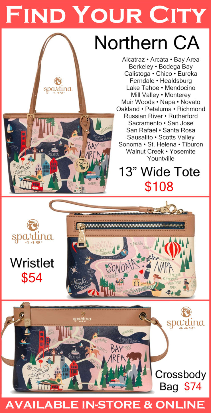 Spindiva handbags with city-themed designs and pricing on a red background.