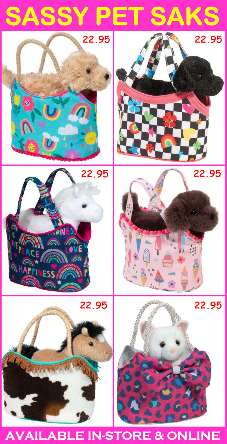 Collection of pet bags with various designs and animals inside, displayed against a pink background with text.