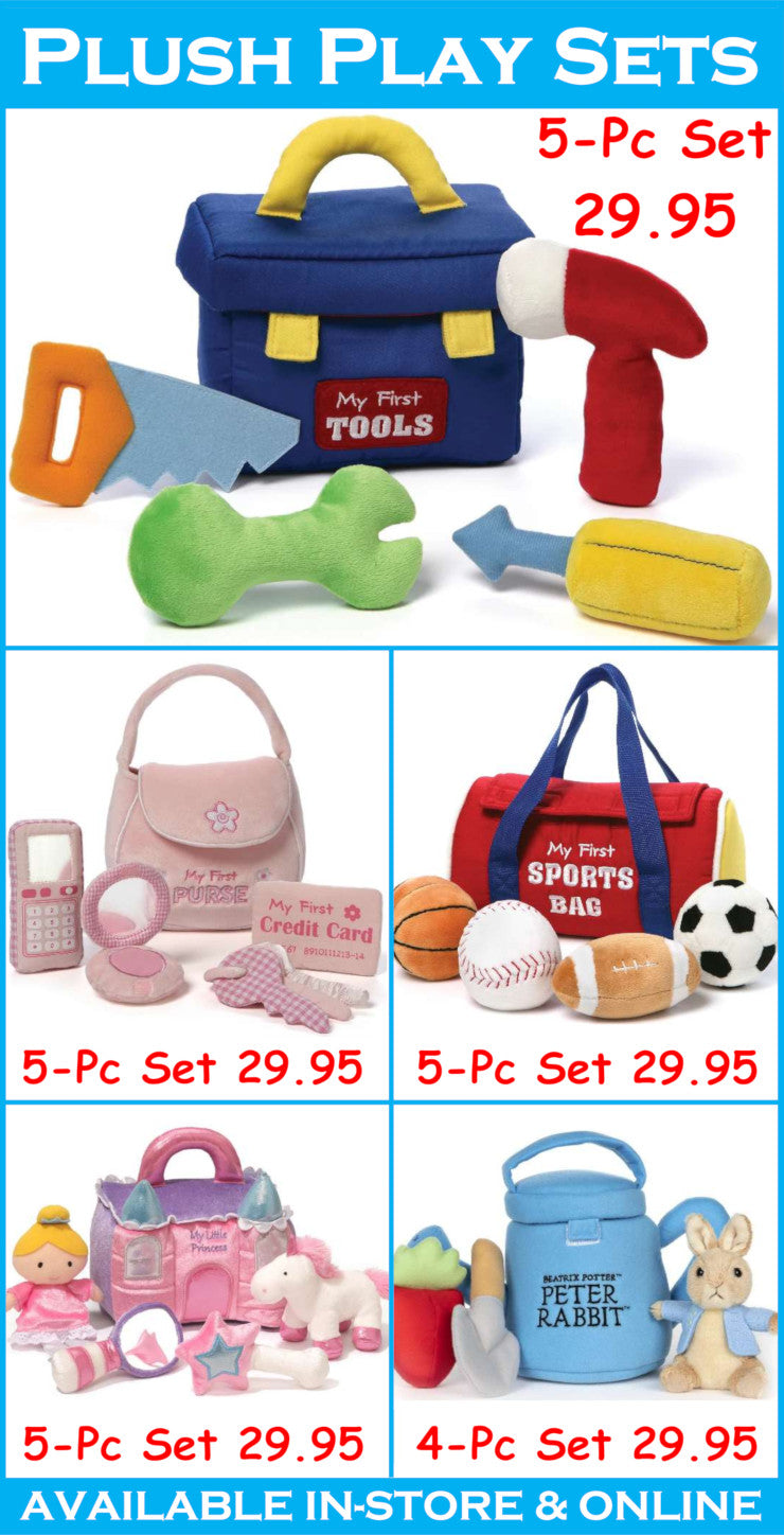 Plush play sets with tool, sports, and other themed bags and toys on a blue background.