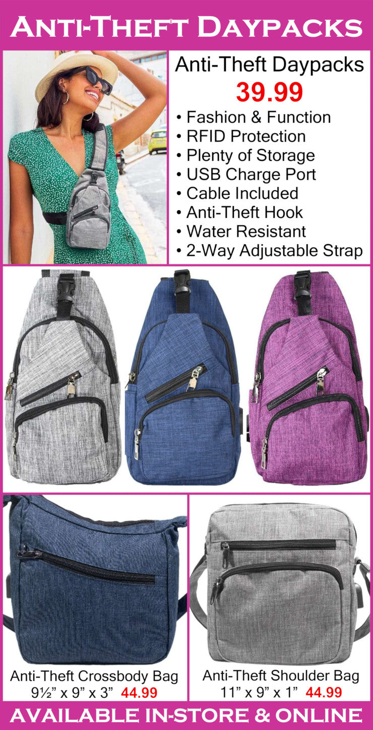 Advertisement for anti-theft daypacks with product images and pricing.