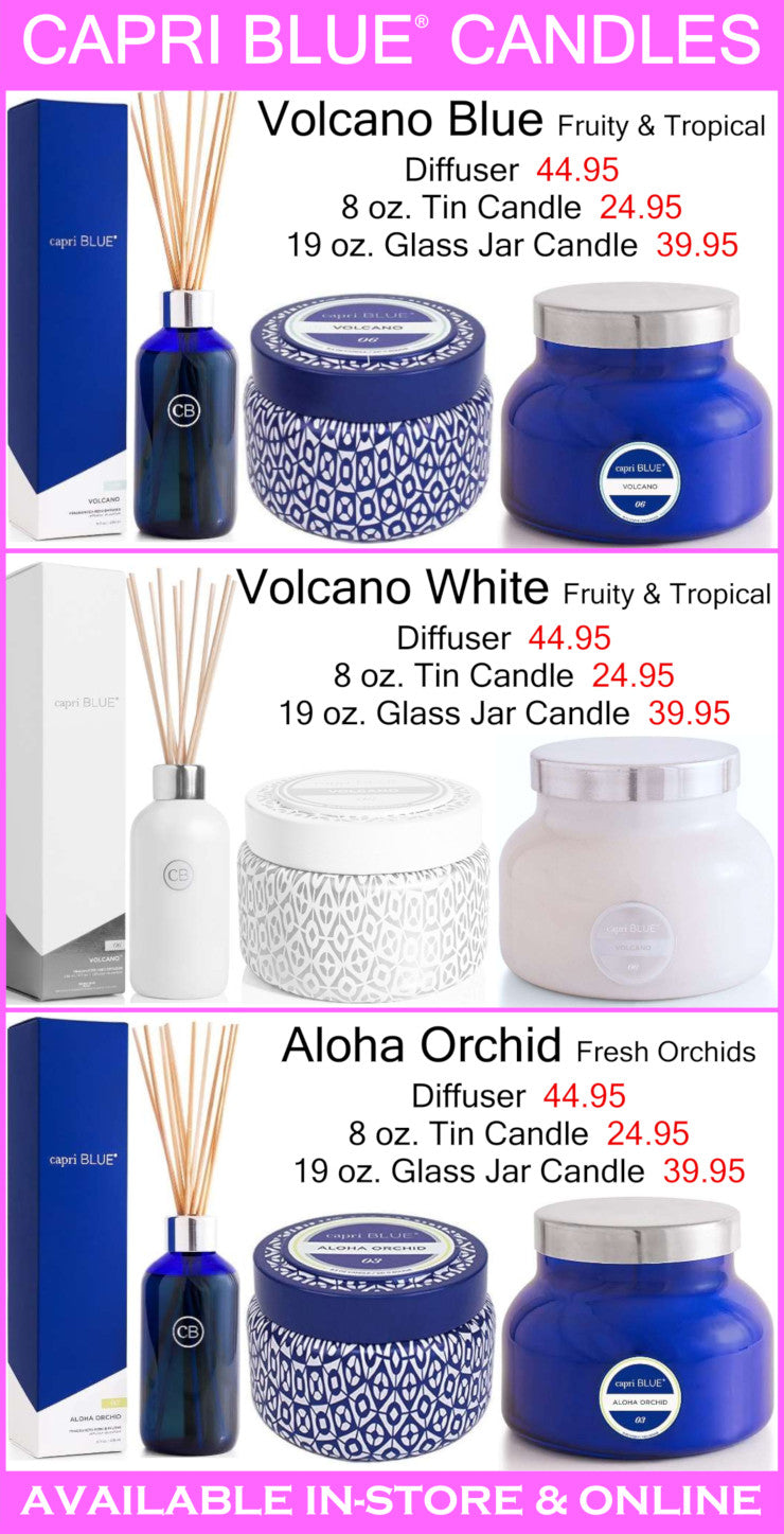 Capri Blue candles and diffusers with pricing on a pink background
