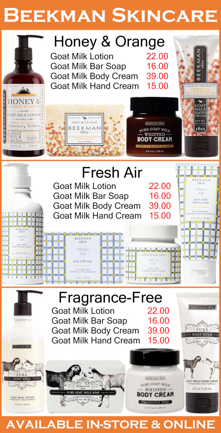 Beekman Skincare product lineup with prices on a white background