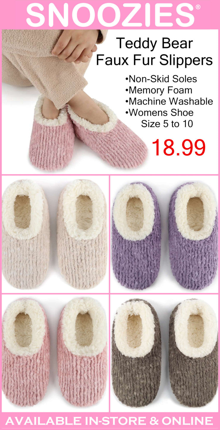 Snoozies Teddy Bear Faux Fur Slippers with product details on a pink background