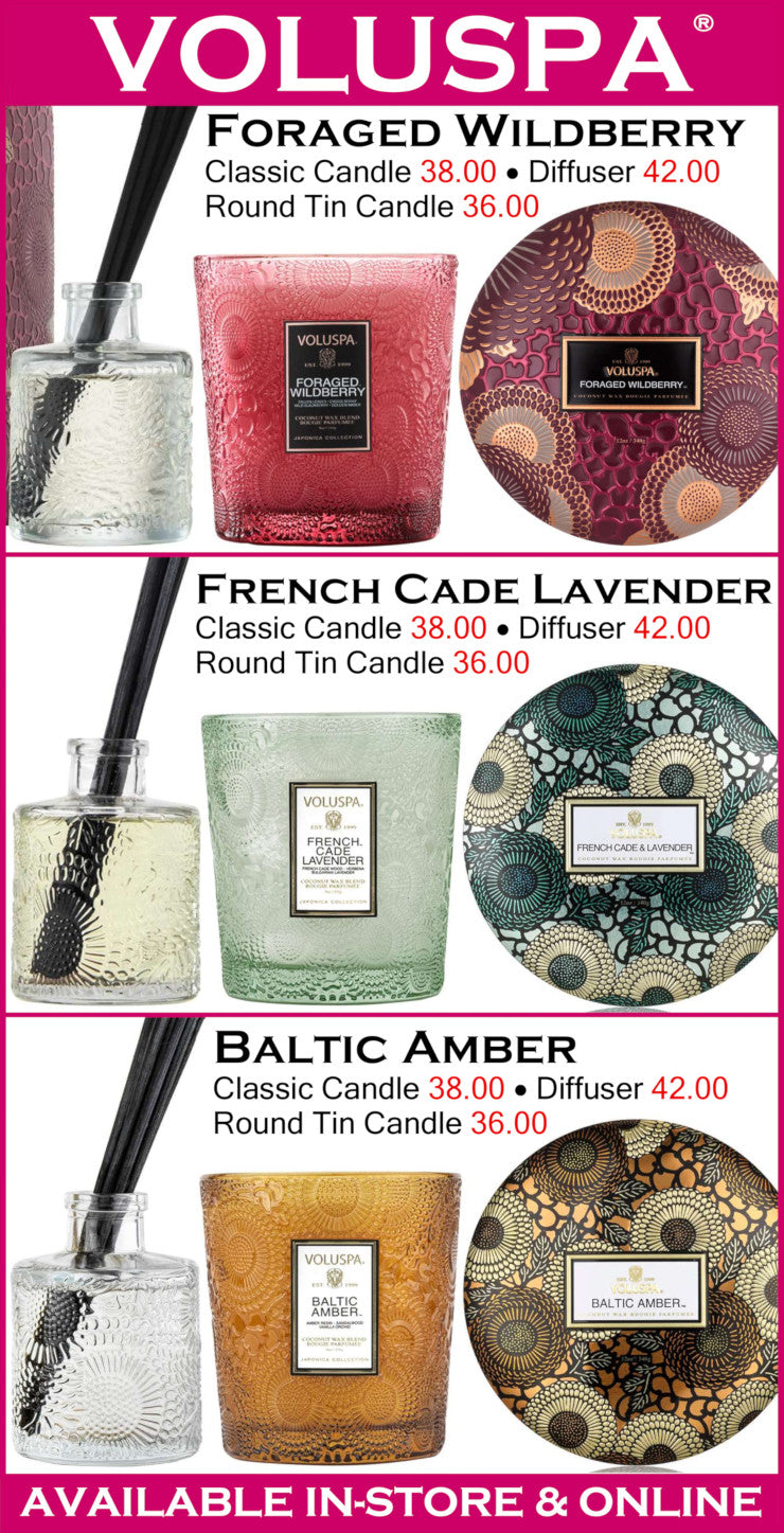Promotional image of Voluspa candles and diffusers with product names and prices.