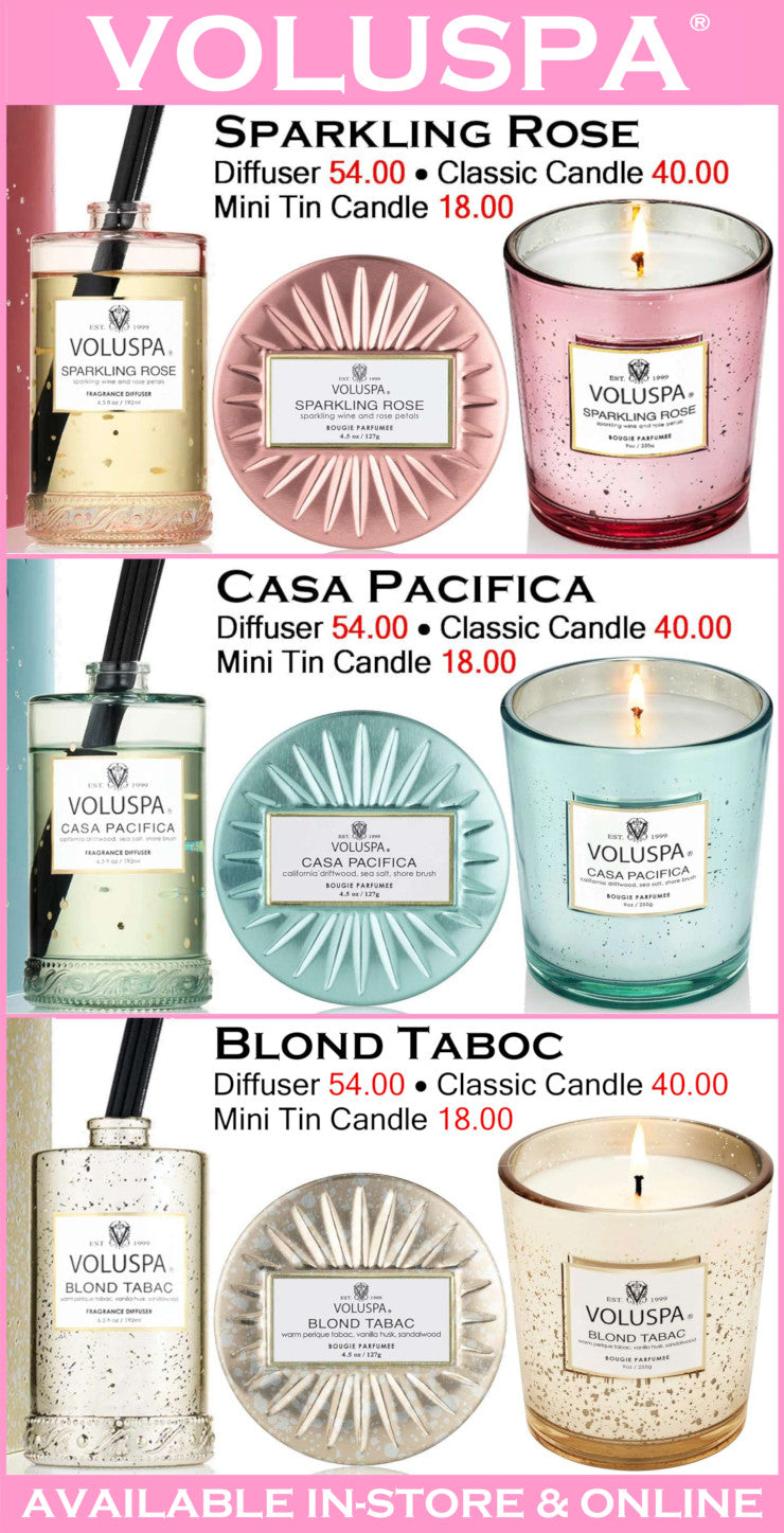 Promotional image of Voluspa candles and diffusers with prices listed.