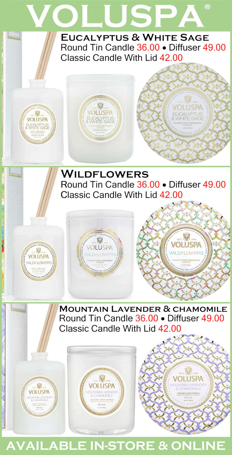 Volluspa product line with candles, diffusers, and decorative items on a green background.