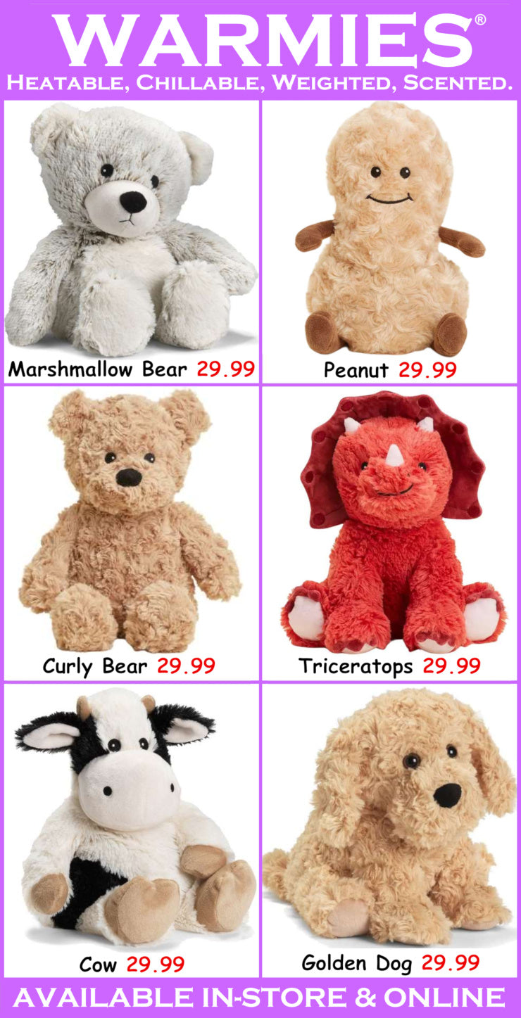 Promotional image of Warmies plush toys with prices on a purple background.