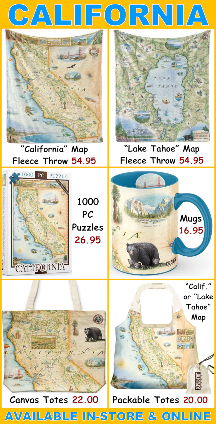 Collection of California-themed products including fleece throws, mugs, puzzles, and tote bags.