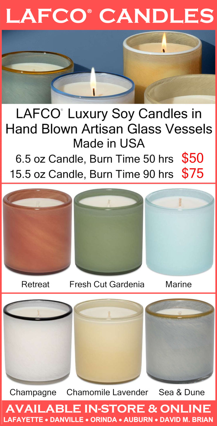 Advertisement for LAFCO candles in various scents and colors with pricing and availability information.
