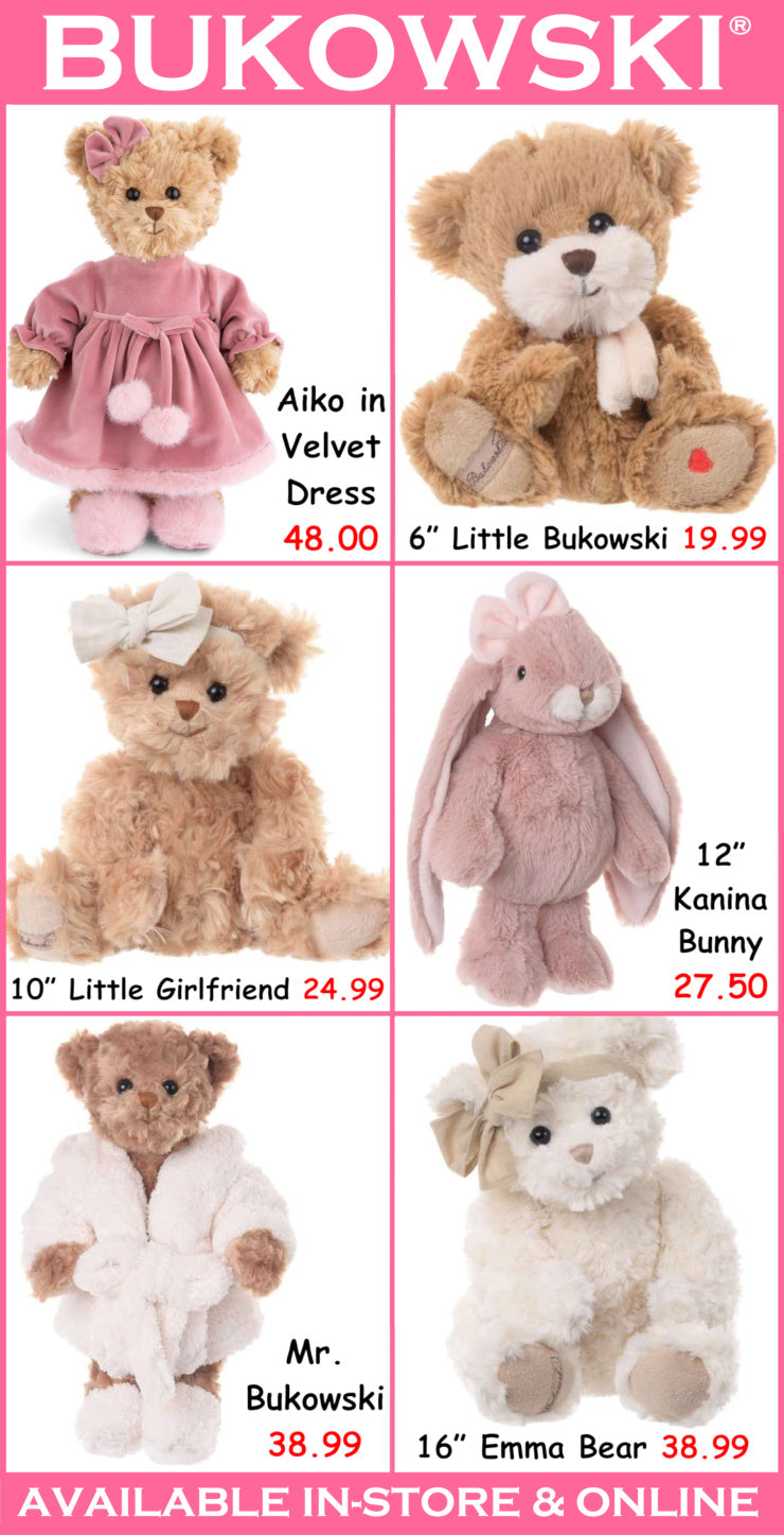 Advertisement for teddy bears and stuffed animals with prices, featuring the brand 'Bukowski'.