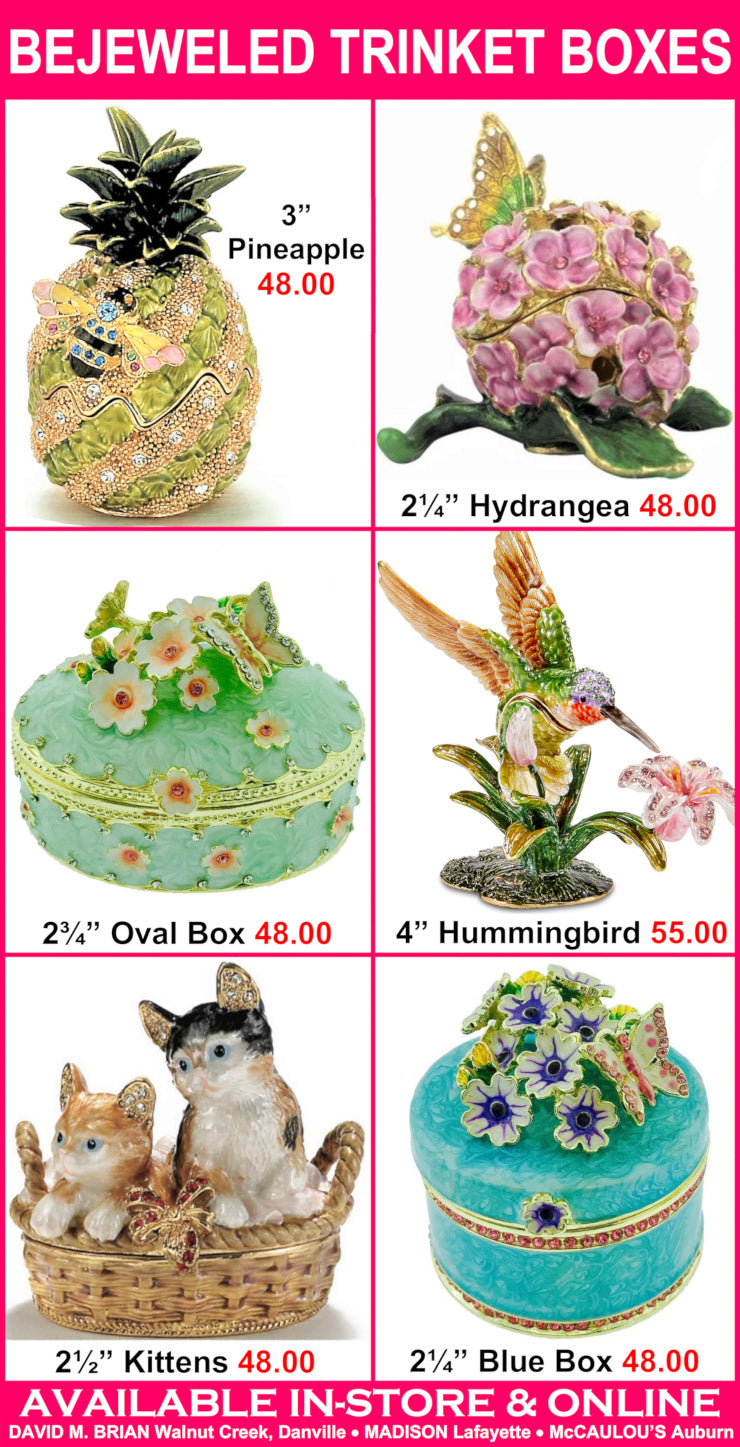 Advertisement for bejeweled trinket boxes with prices and product images.