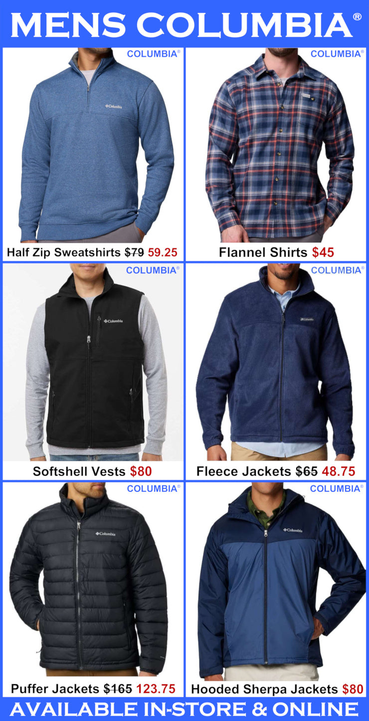 Columbia men's clothing collection with prices displayed.