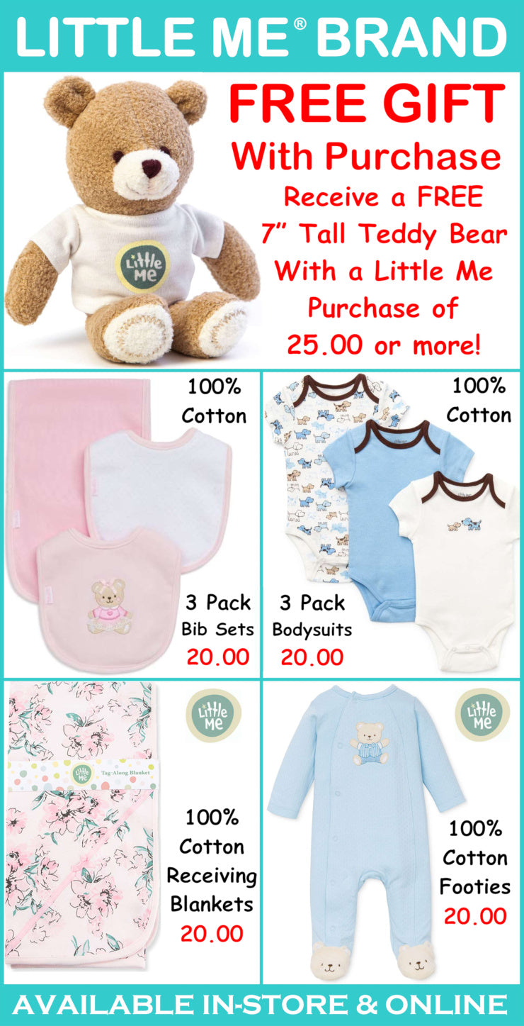 Promotional flyer for Little Me brand with free gift offer and baby products.