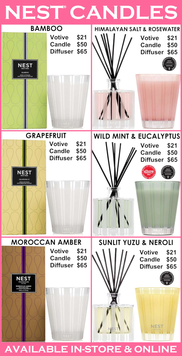 Promotional image of NEST candles and diffusers with product names and prices on a pink background.