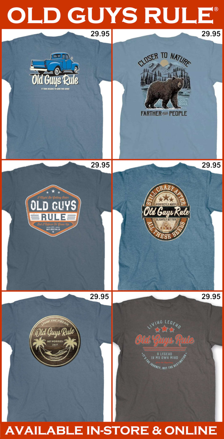Collection of 'Old Guys Rule' t-shirts with various designs and prices.