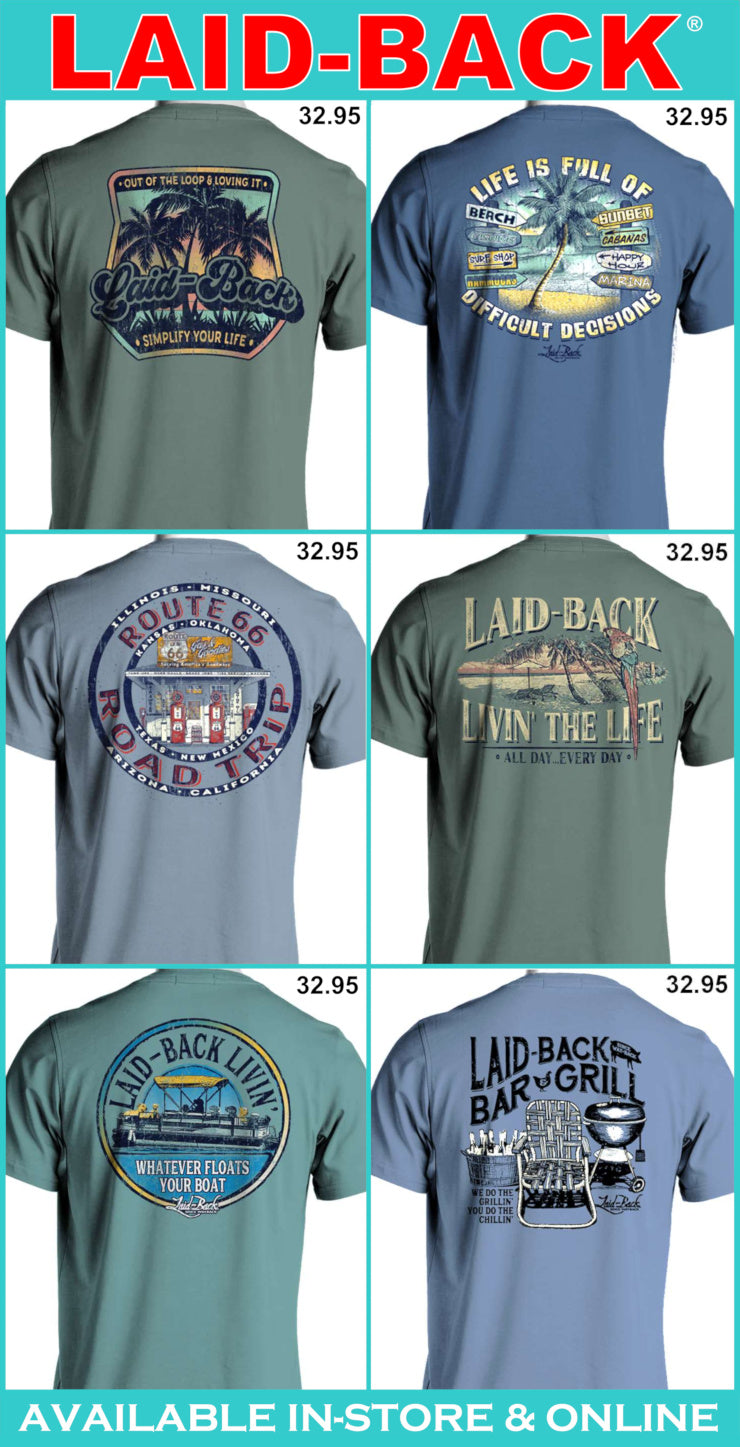 Collection of 'Laid-Back' t-shirts with various designs and text.