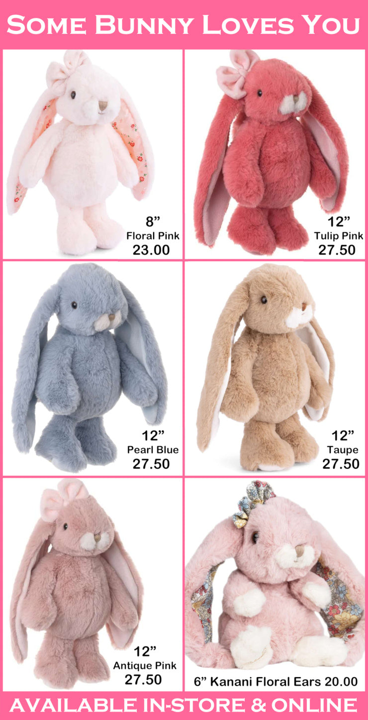 Stuffed bunny toys with pricing and product details on a pink background