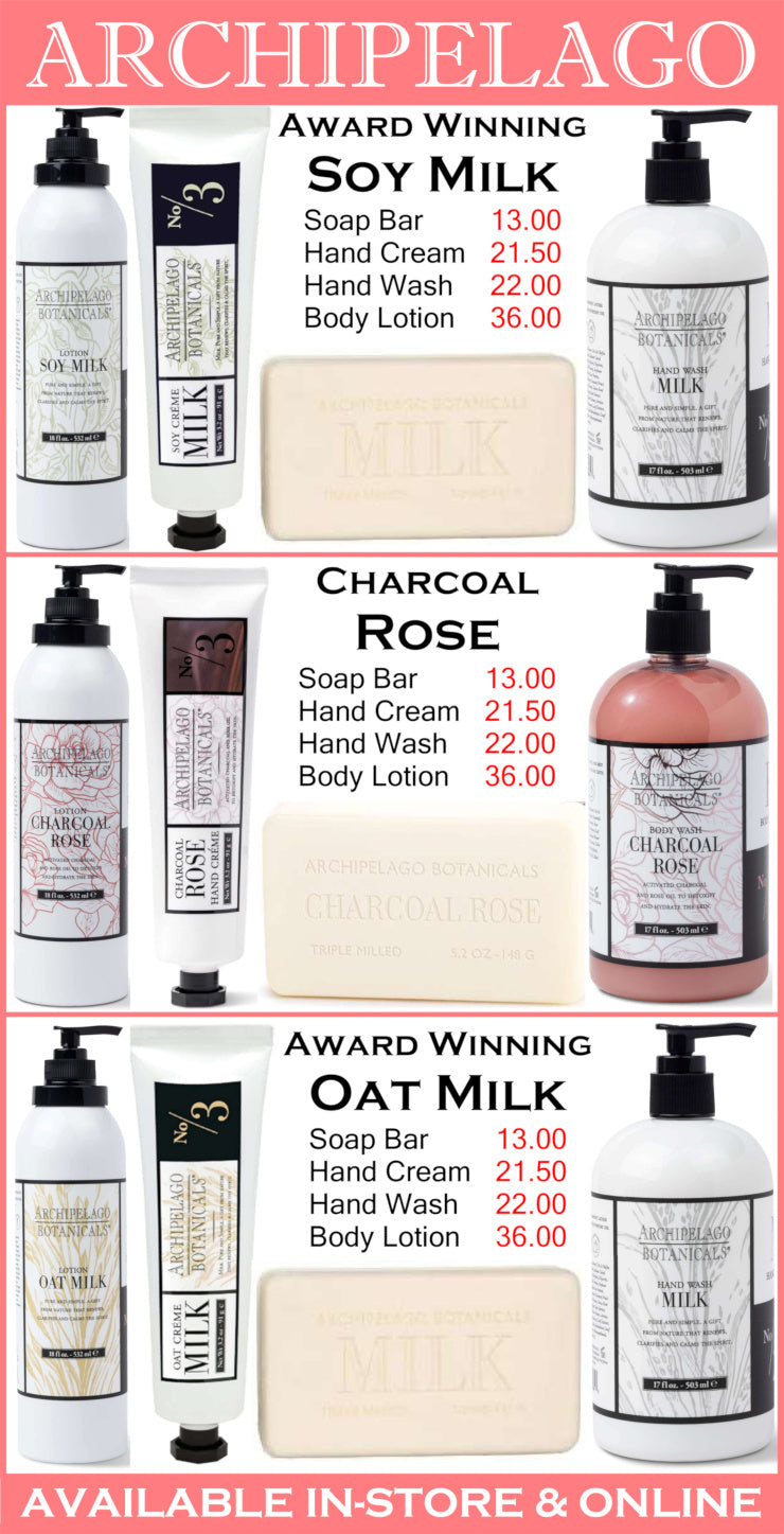 Product display of Archipelago Skincare with various items including soap bars, hand creams, hand wash, and body lotion.