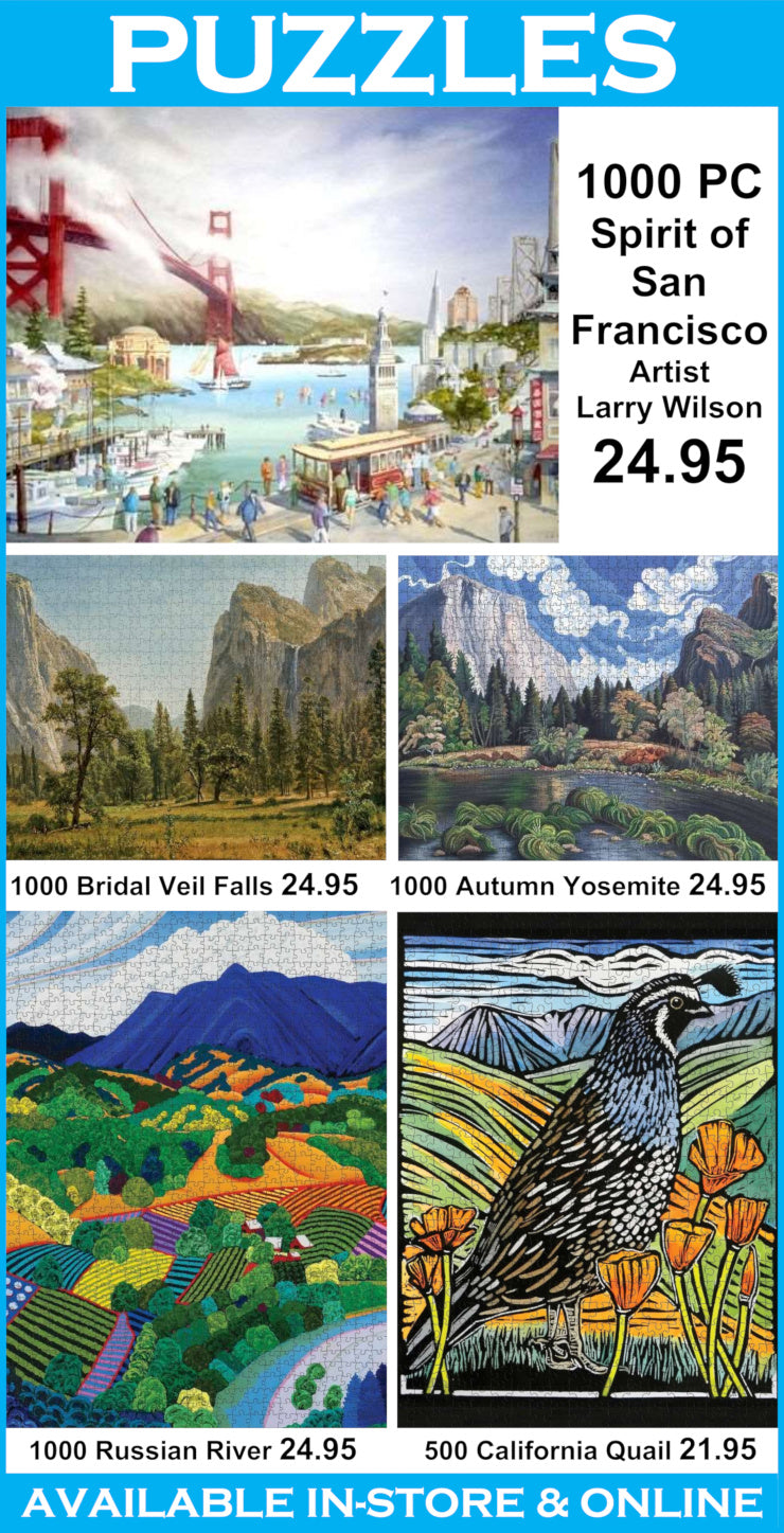 Promotional flyer for puzzles featuring scenic artwork with prices and store availability.
