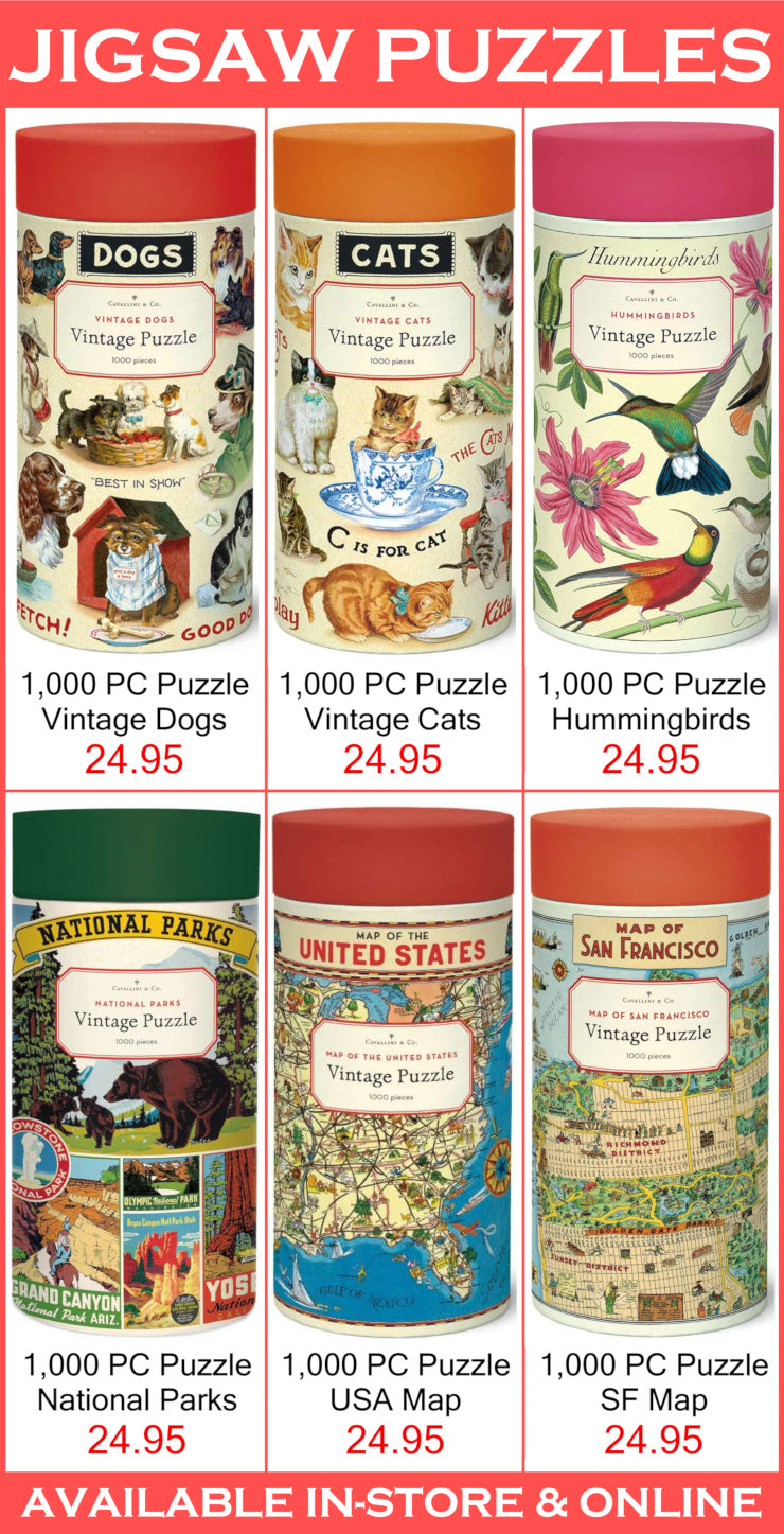 Collection of jigsaw puzzle tins with various themes and prices.