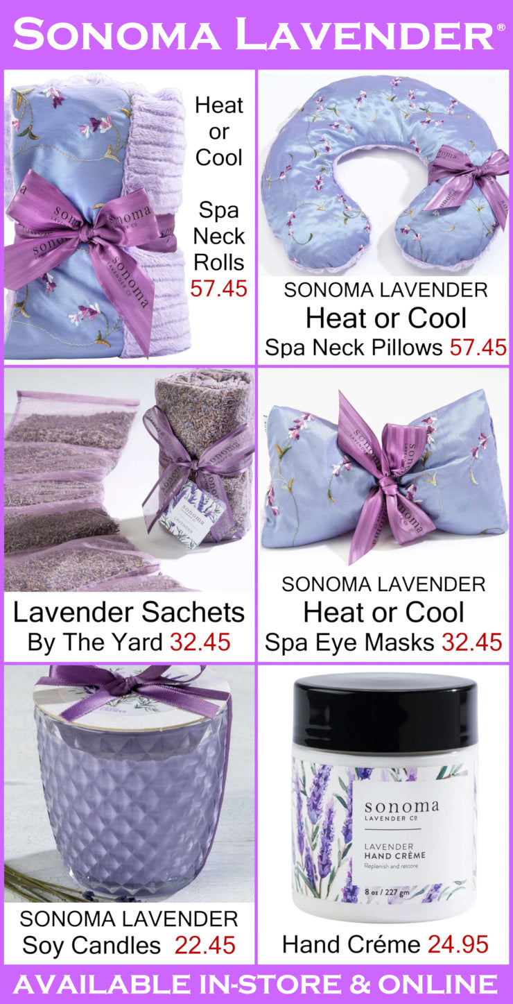 Sonoma Lavender product line including neck rolls, eye masks, sachets, candles, and hand cream with pricing.