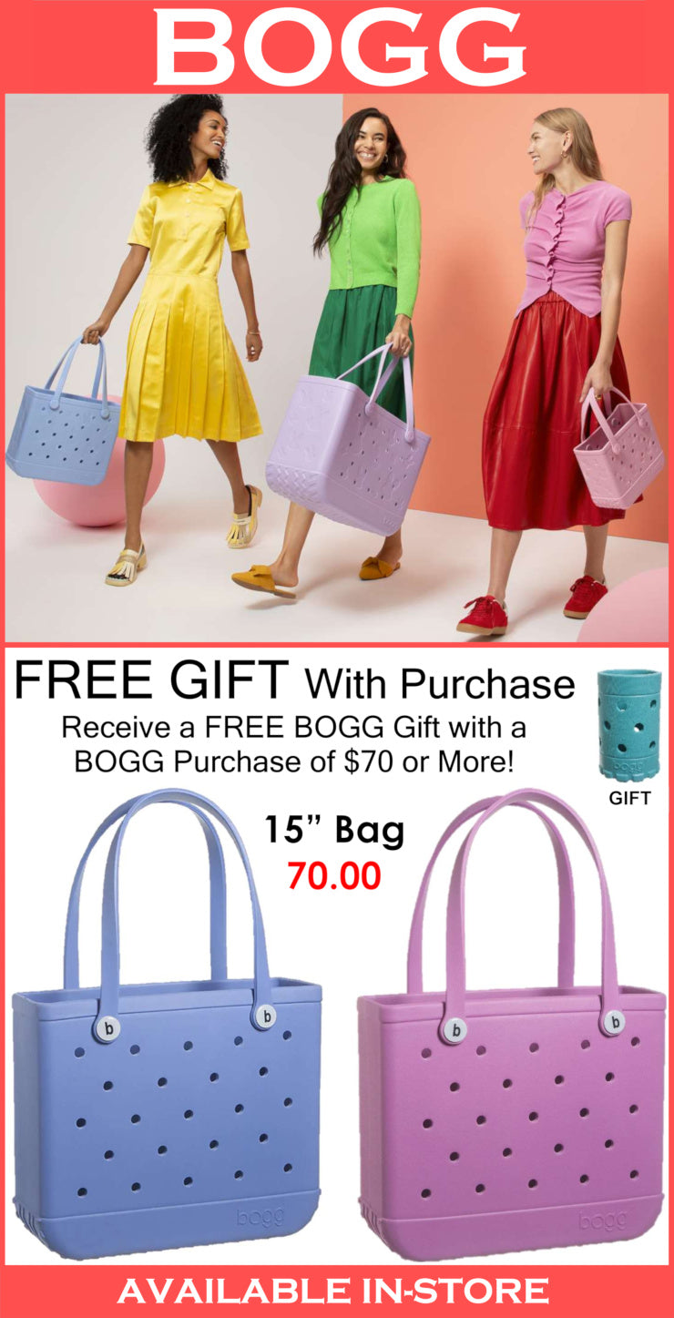 Advertisement for BOGG bags with models holding colorful bags and promotional text.