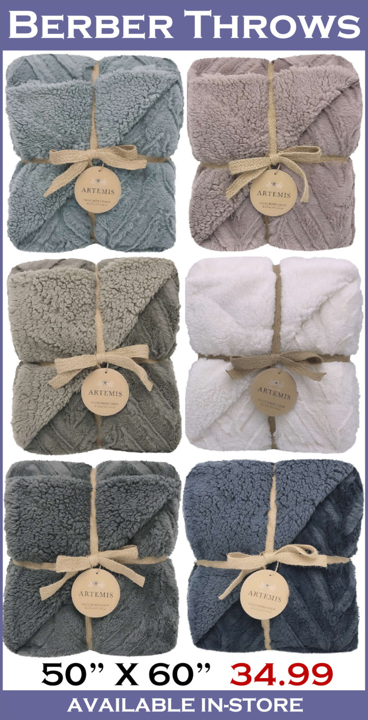 Collection of Berber throws in various colors with a price tag and store availability information.