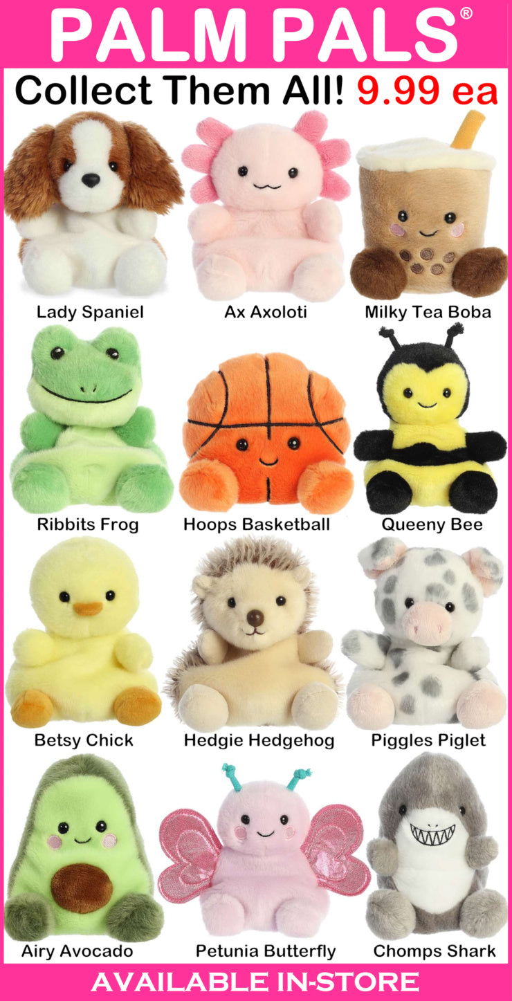 Promotional image of various small plush toys with prices and store availability information.