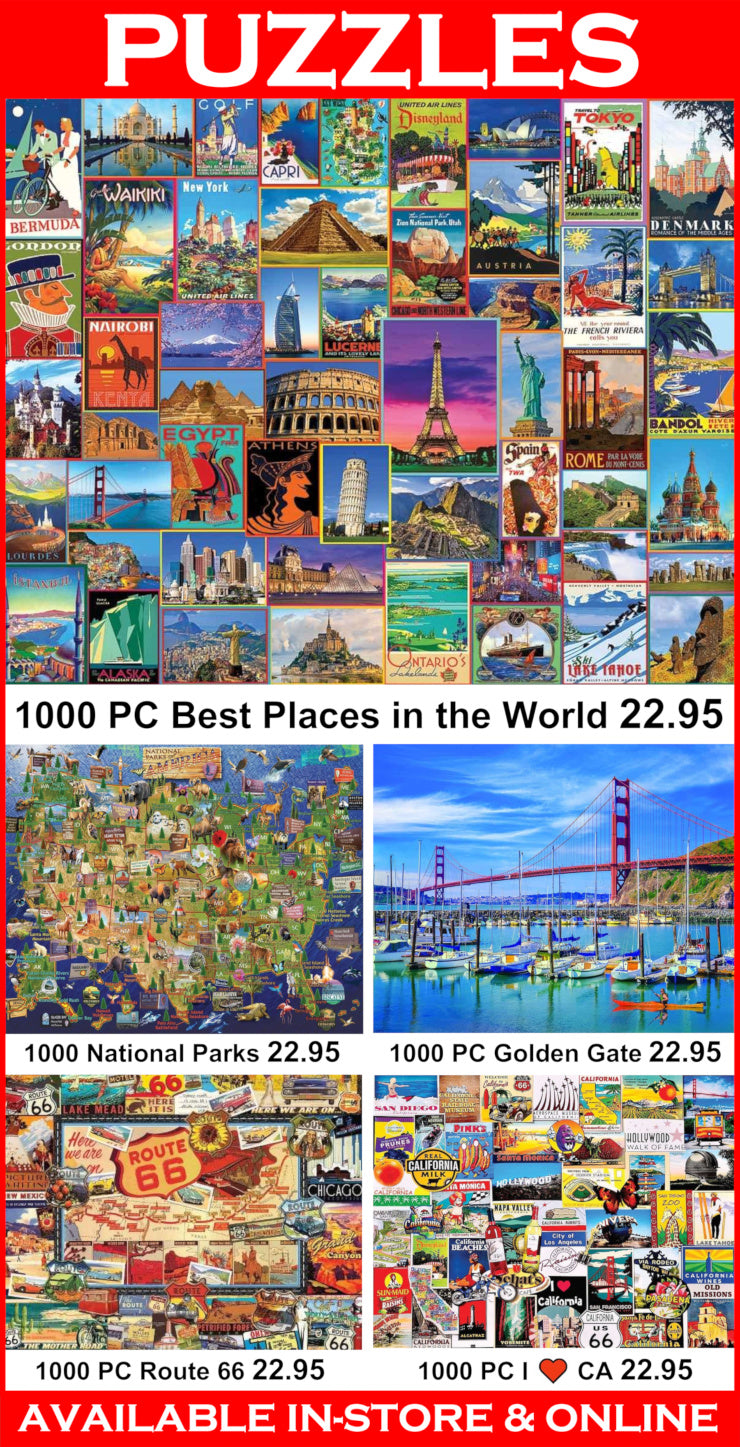 Collage of puzzle boxes featuring world landmarks with a red border and 'Puzzles' text at the top.