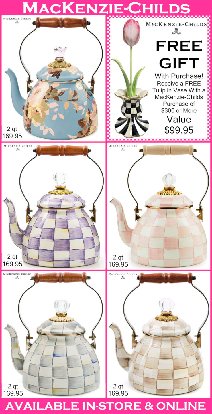 Mackenzie-Childs teapots with checkered design on a promotional poster.