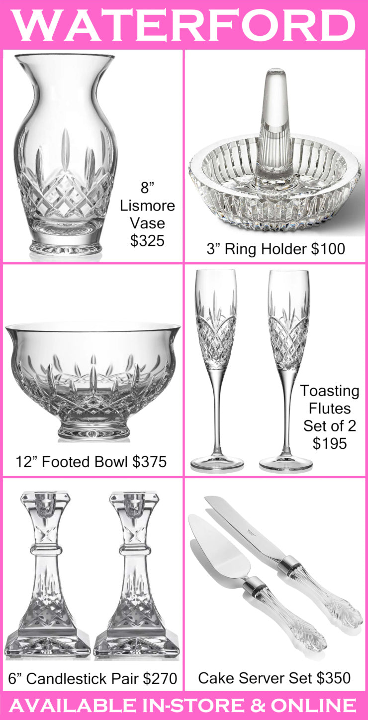 Collection of Waterford crystal products with prices on a pink background