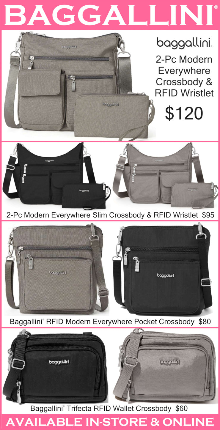 Promotional image of Baggallini handbags with pricing and availability information.