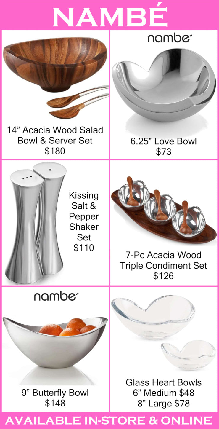 Nambé product line with various bowls and sets on a pink background