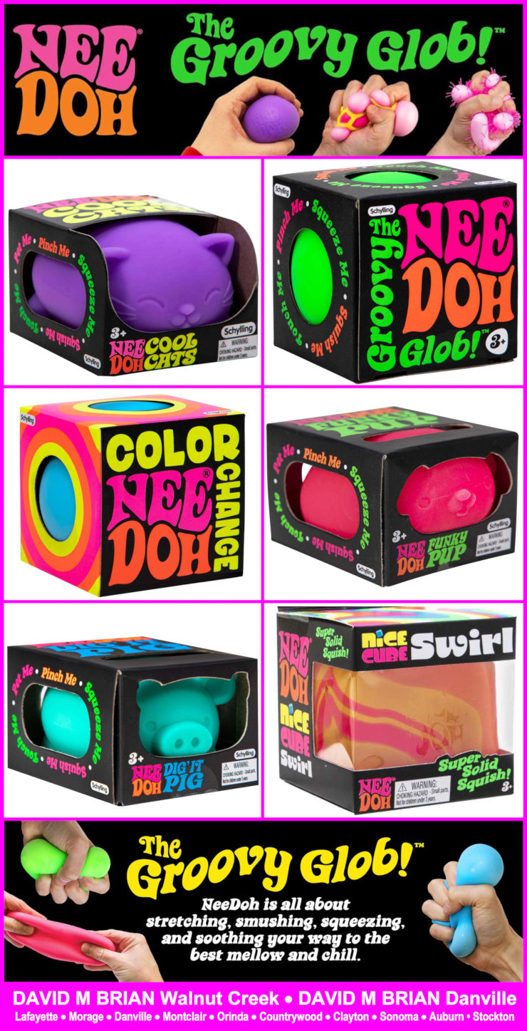 Collage of Nee Doh products with colorful packaging and text.