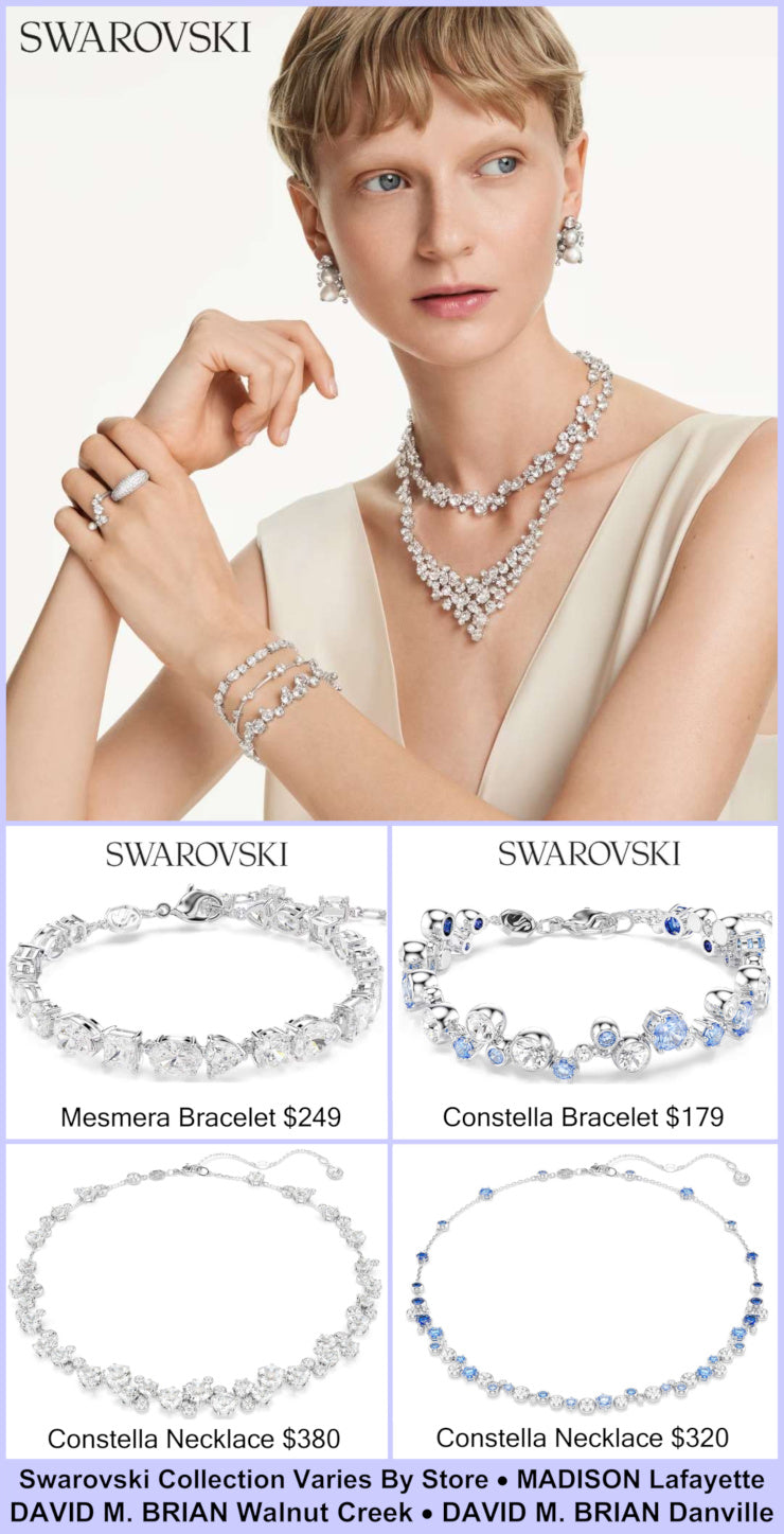 Woman wearing Swarovski jewelry with product listings below.
