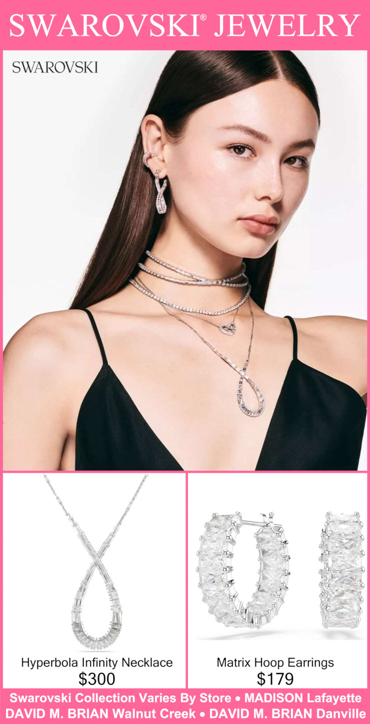 Model wearing Swarovski jewelry with product images and prices displayed.