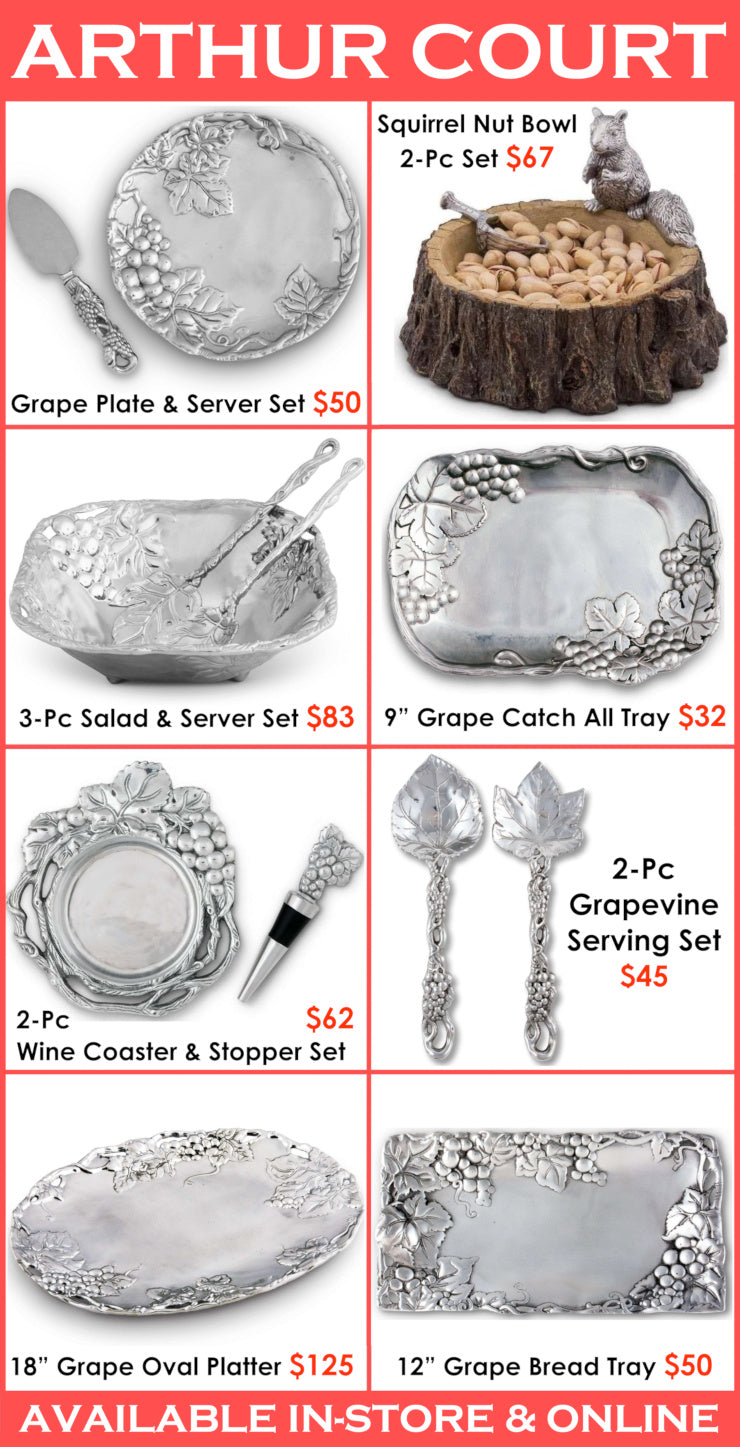 Advertisement for Arthur Court silverware and serving sets with prices on a red background.