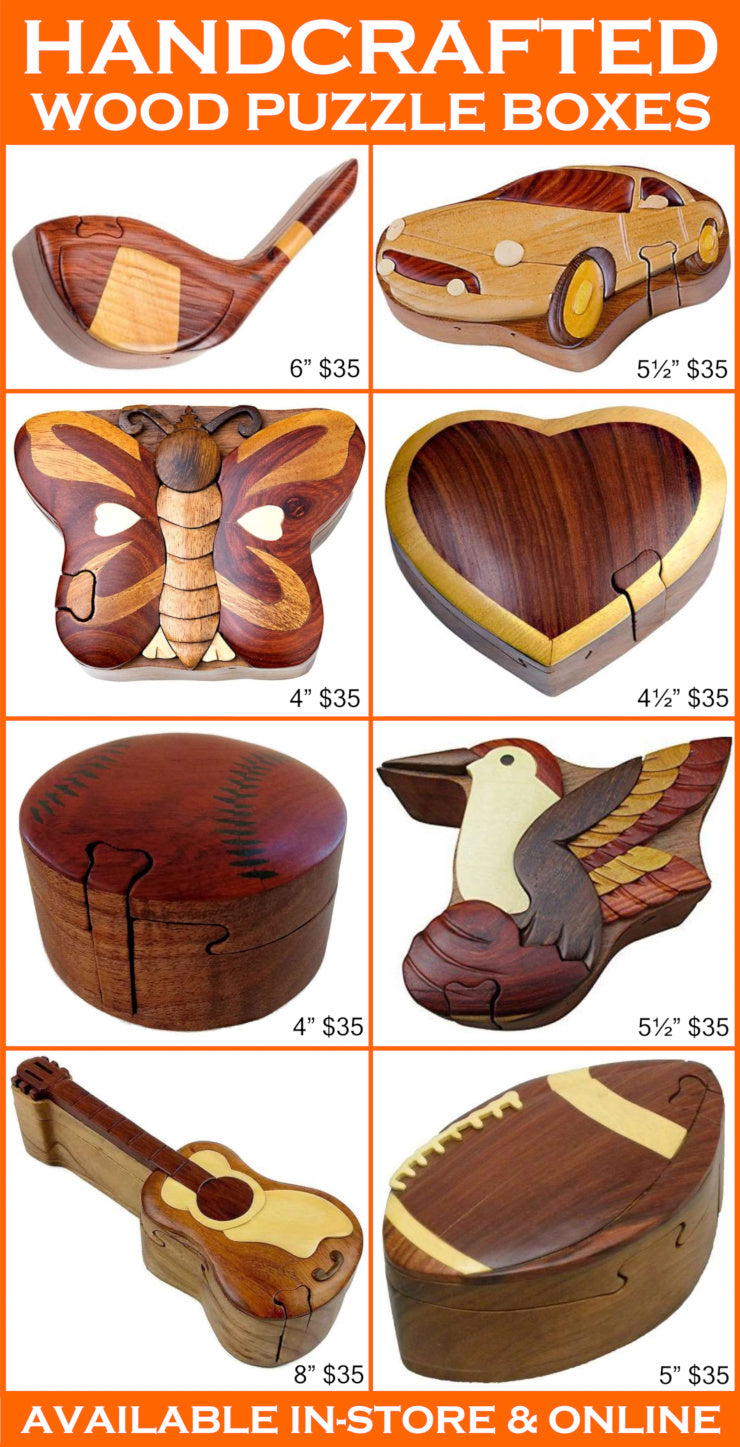 Handcrafted wood puzzle boxes on an orange background.