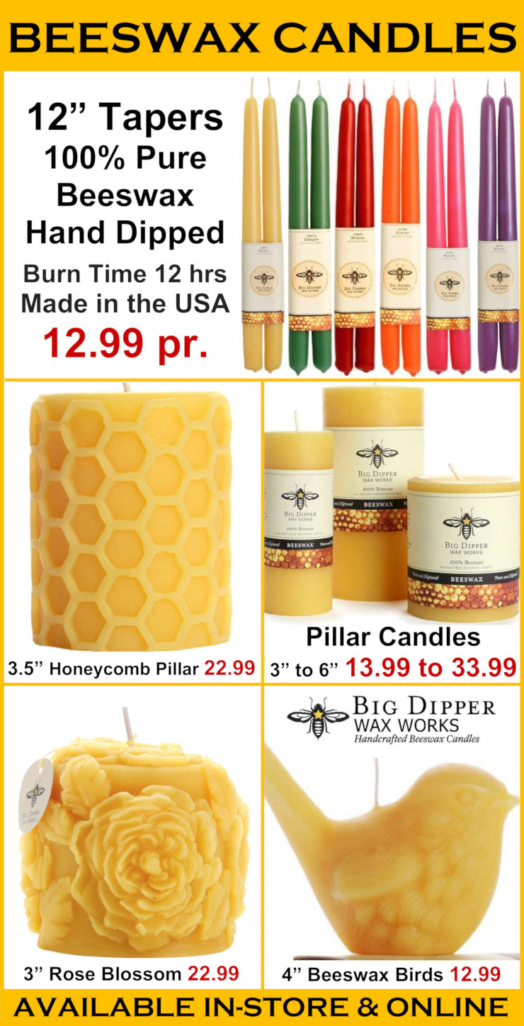 Beeswax candles including 12-inch tapers, honeycomb pillars, and rose blossom candles with pricing and availability information.