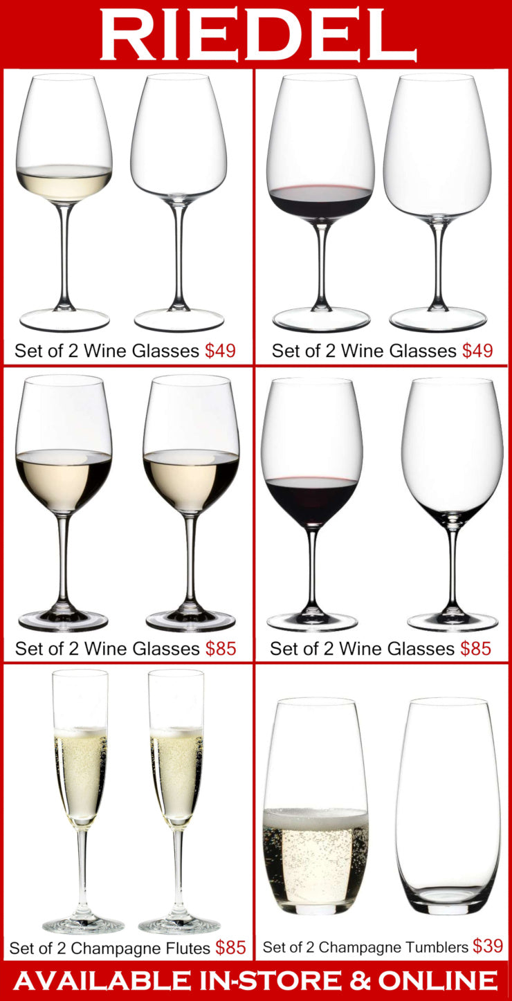 Riedel wine and champagne glass sets. White, red, flute, and tumbler options. Prices shown. Available in-store and online.