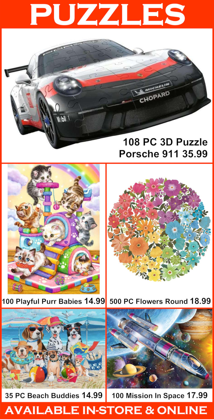 Puzzle collection with Porsche 911, Playful Purr Babies, Flowers Round, Beach Buddies, and Mission in Space puzzles.